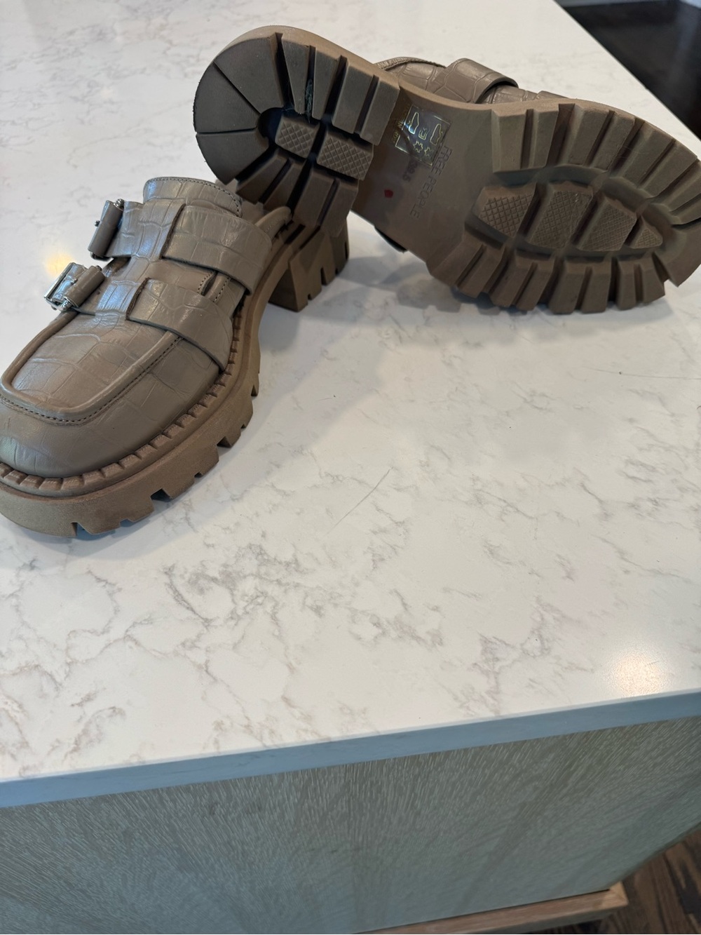 Free People Taupe Croc-Embossed Lug Sole Loafers